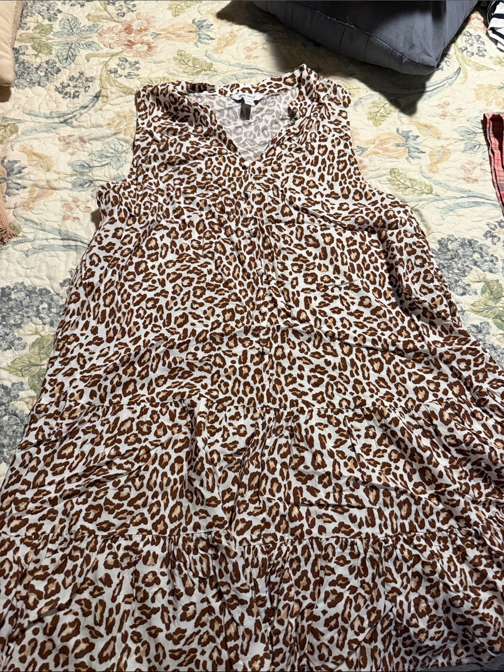 Nine West Cream and Brown Leopard Print Tiered Midi Dress